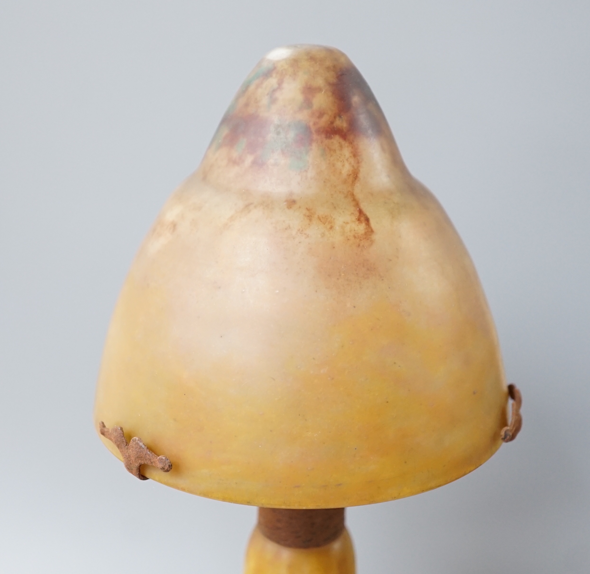 A Daum, Nancy mottled glass mushroom lamp, height 32cm.